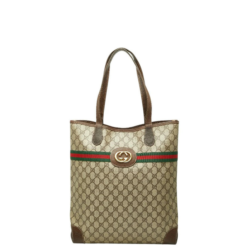 Gucci GG Supreme Sherry Tote Bag Shoulder Beige Cream Brown Leather